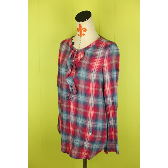 American Eagle AEO Womens Sz 10 Ruched Front Tunic Blouse Long Sleeve Plaid - Picture 3 of 12